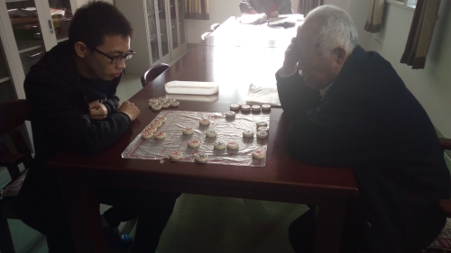 志愿者在陪老人下象棋